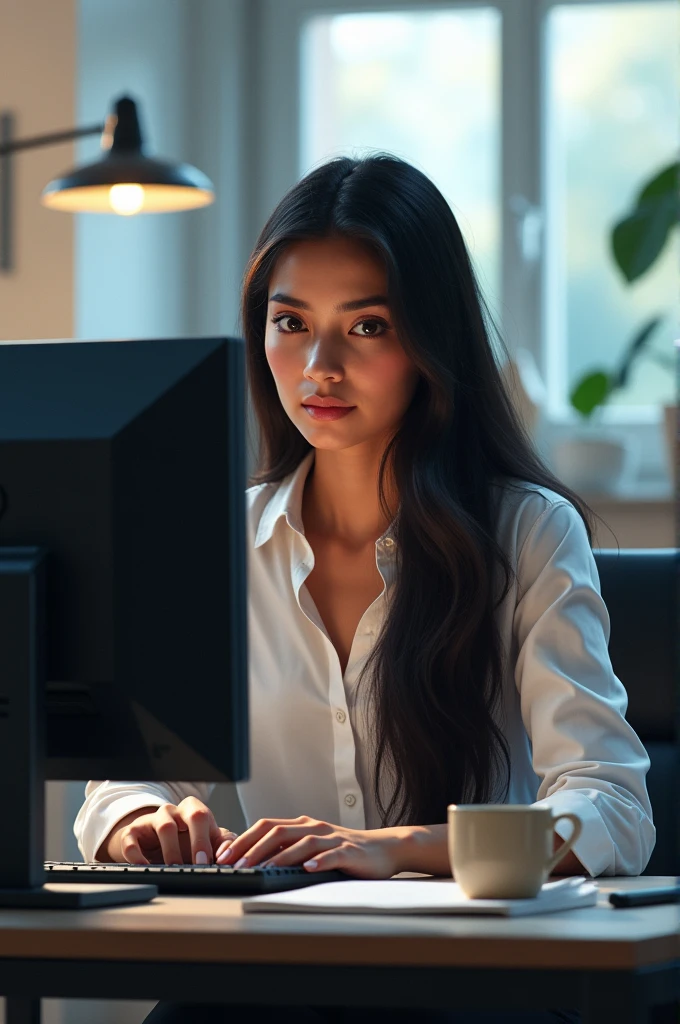 Women sitting infront of computer with her name kavya 