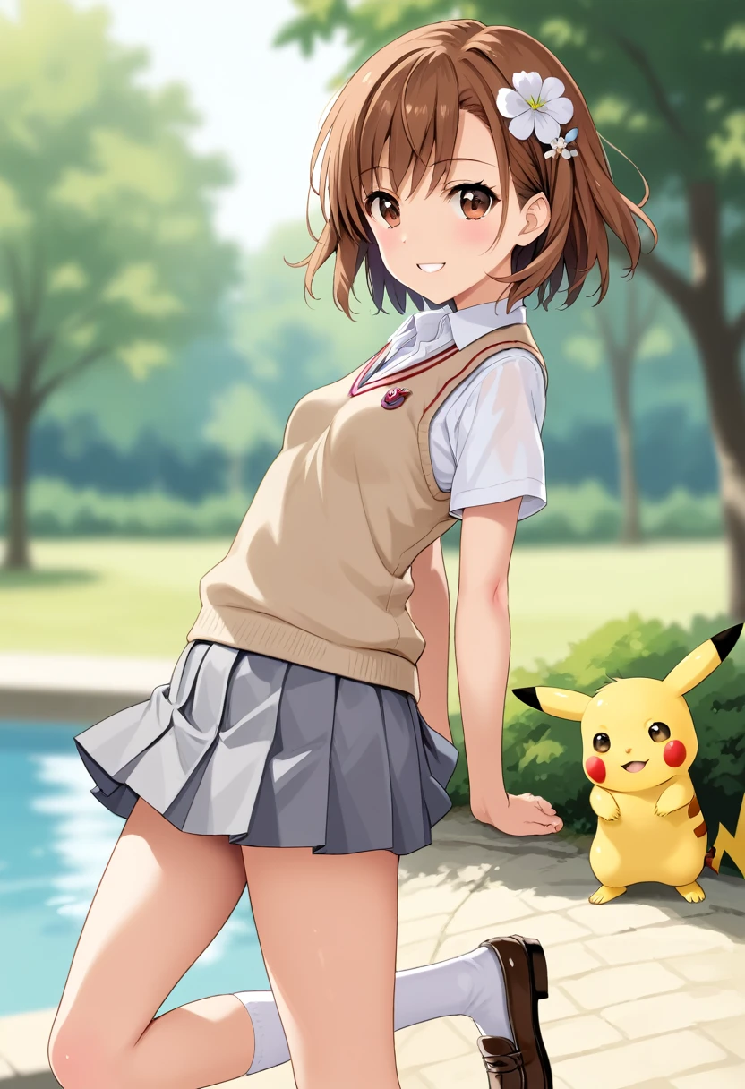 score_9,score_8_up,score_7_up,source_anime,cowboy shot,Idealized Forms,Natural Light,details background,blurry background,extremely detailed,1girl,(aga),1girl, mikoto misaka, short hair, brown hair, hair ornament, hair flower, brown eyes, skinny, slender body, tiny, small breasts,
skirt, shirt, school uniform, white shirt, short sleeves, pleated skirt, grey skirt, sweater vest, tokiwadai school uniform, white socks, loafers,smile,BREAK,pikachu(pokemon)