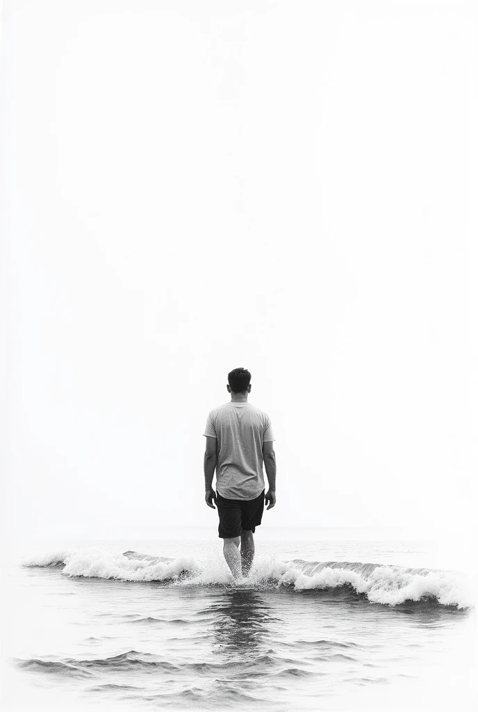 Graphite drawing in black and white of a man walking in the sea. The drawing should occupy approximately 15% of the image, positioned in the lower part, with the remaining 85% left completely white. The man’s posture and expression should be detailed, and the sea should feature gentle waves with realistic ripples and foam. The stark white background should create a sharp contrast against the drawing, enhancing the sense of tranquility and the interaction between the man and the water. Pay close attention to the texture of the water and the shadows of the man, while ensuring that the upper part of the image remains empty and clean.