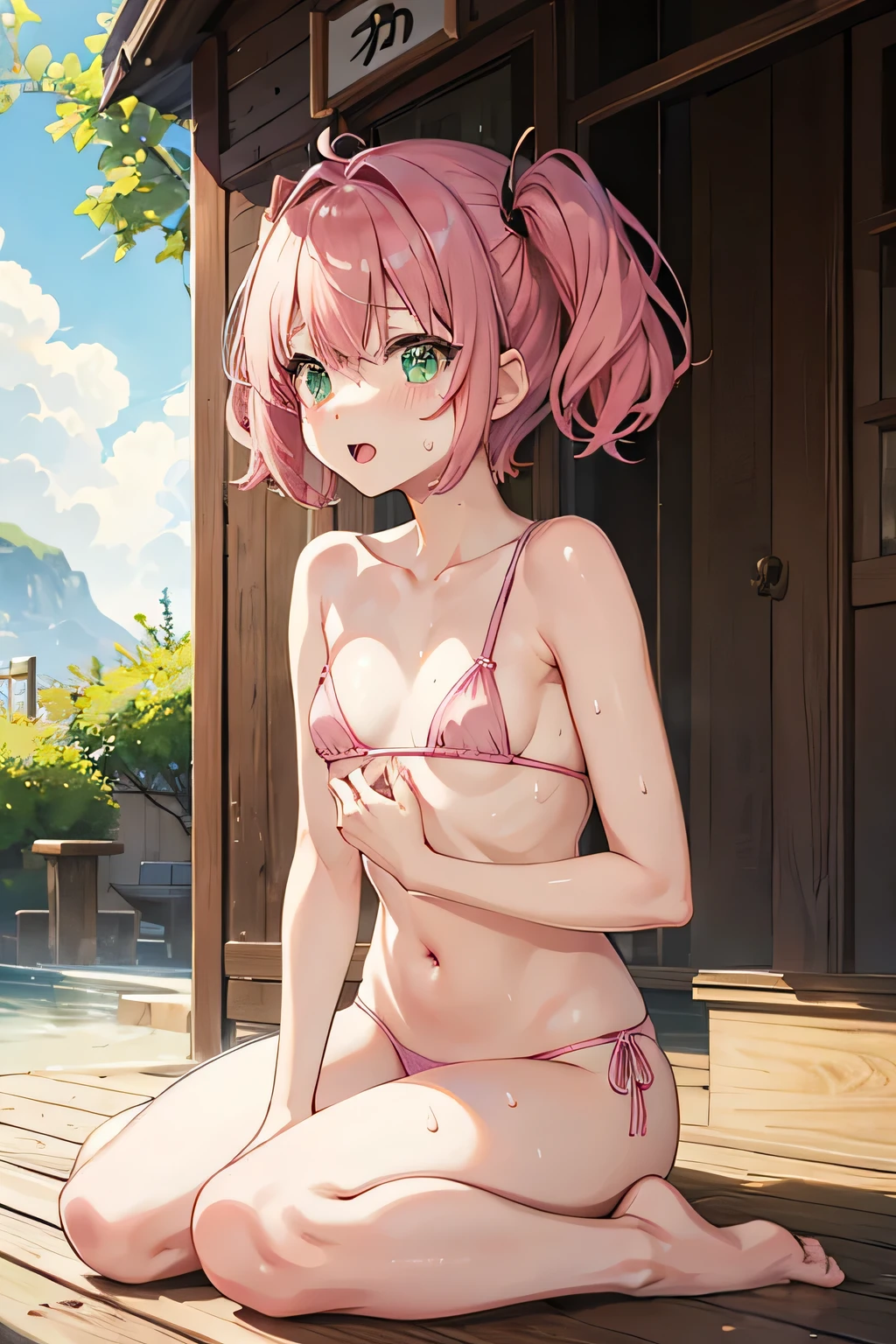 Anime Style、cute、short hair、Small twin tails、Pink Hair、Green Eyes、Small 、naked、Yface、Short、Embarrassed expression、Sticking out tongue、Sweat、bikini