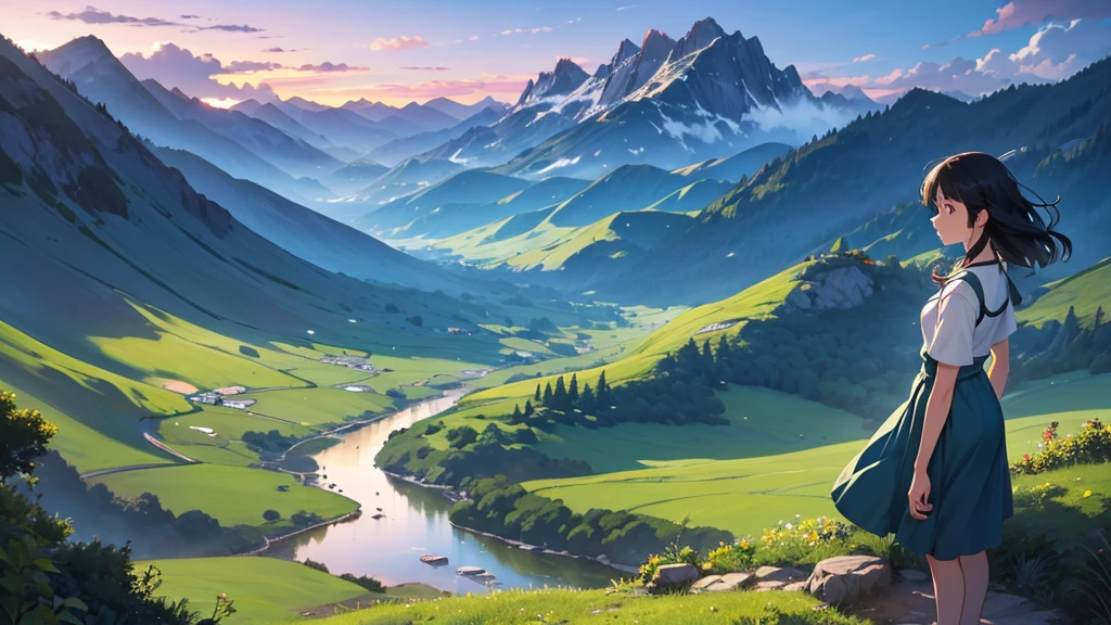 A girl standing on a mountain peak at dawn, gazing down at a vast, breathtaking landscape. The early morning light casts a soft glow over the valley below, with rolling hills and distant rivers. She takes a deep breath, feeling a profound sense of calm and clarity. The scene captures the serene moment when the world awakens, inspired by the tranquil, detailed style of Studio Ghibli.
