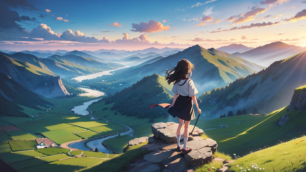 A girl standing on a mountain peak at dawn, gazing down at a vast, breathtaking landscape. The early morning light casts a soft glow over the valley below, with rolling hills and distant rivers. She takes a deep breath, feeling a profound sense of calm and clarity. The scene captures the serene moment when the world awakens, inspired by the tranquil, detailed style of Studio Ghibli.