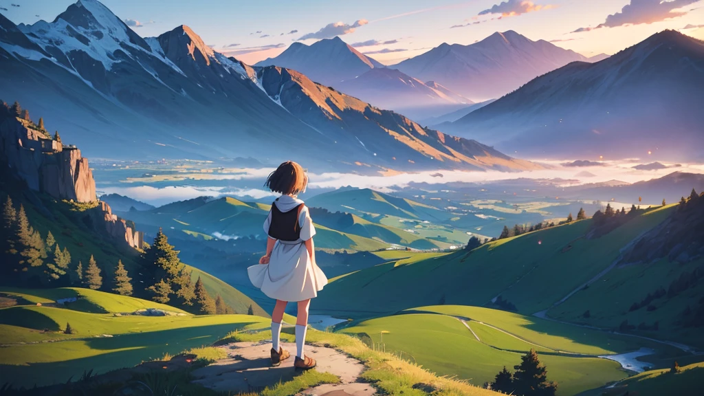 A girl standing on a mountain peak at dawn, gazing down at a vast, breathtaking landscape. The early morning light casts a soft glow over the valley below, with rolling hills and distant rivers. She takes a deep breath, feeling a profound sense of calm and clarity. The scene captures the serene moment when the world awakens, inspired by the tranquil, detailed style of Studio Ghibli.