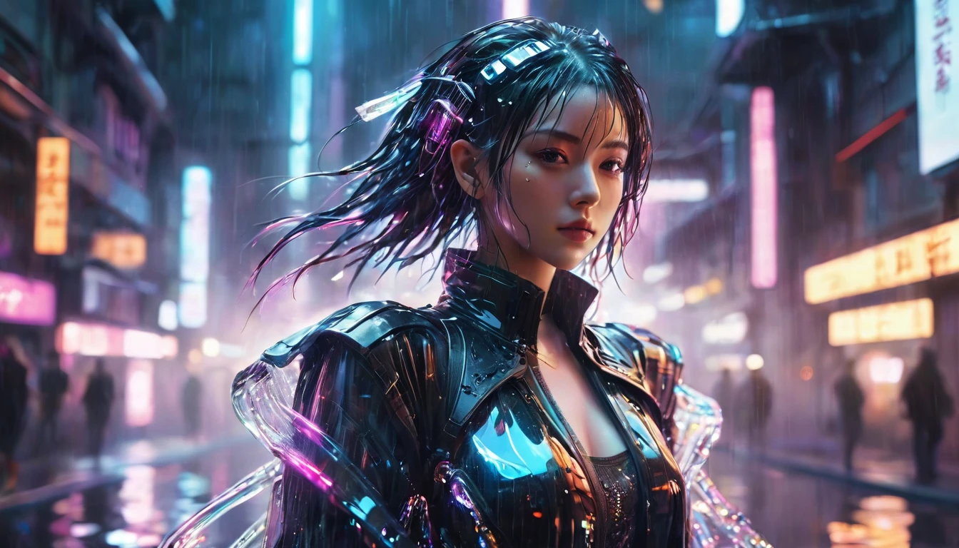 1 girl,beautiful,cyberpunk style,Bling Bling Bling Bling,motion blur,water drop,Cinematic lighting effects
