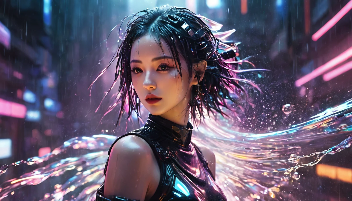 1 girl,beautiful,cyberpunk style,Bling Bling Bling Bling,motion blur,water drop,Cinematic lighting effects