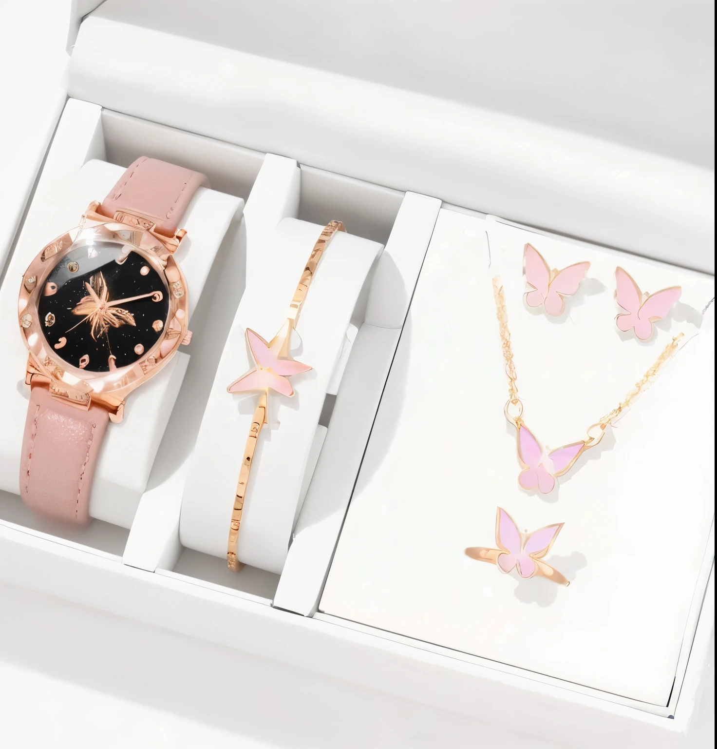 A modern women  wristwatch with a minimalist design, set against an abstract background with shimmering light patterns and artistic textures."