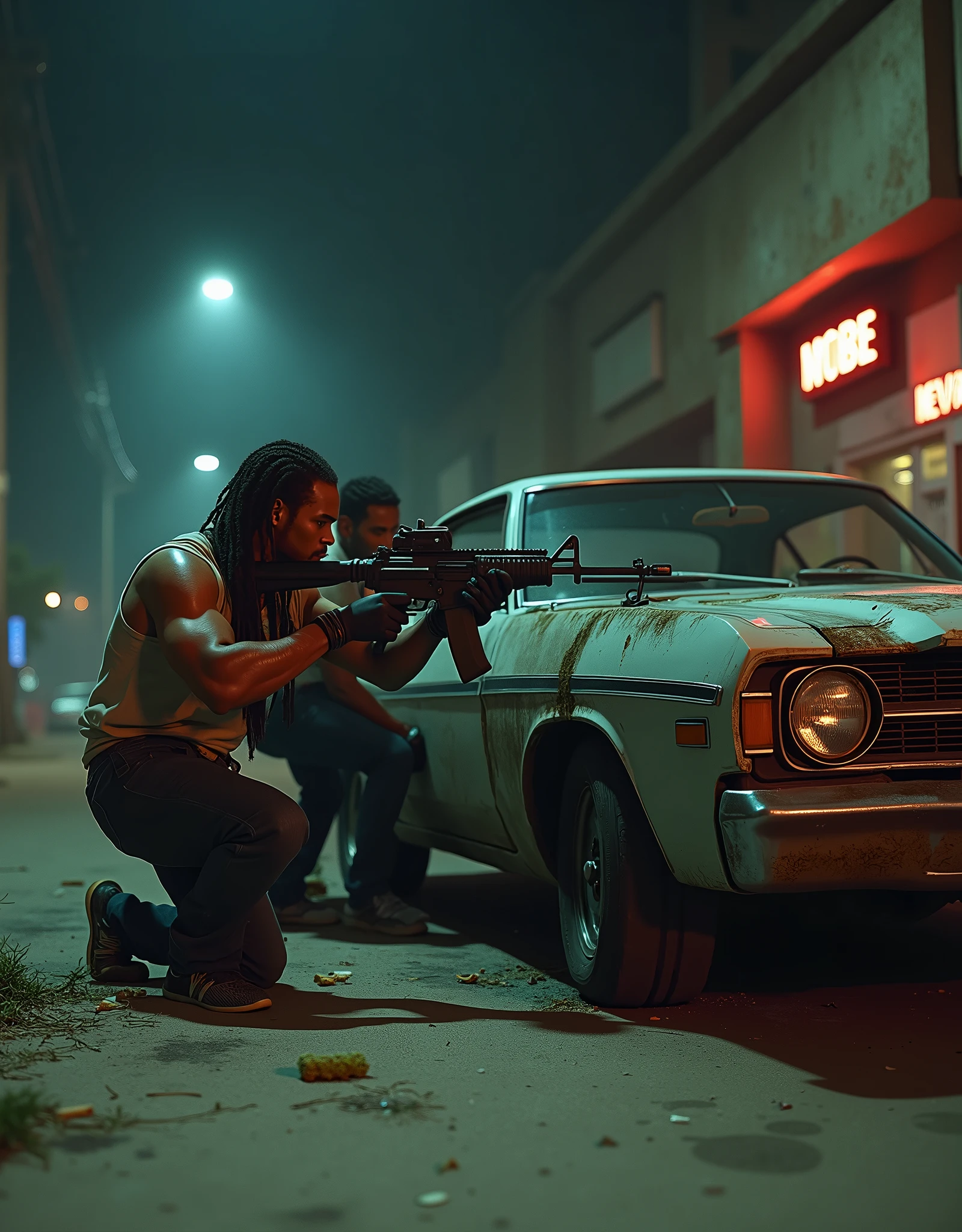Two Jamaican drug dealers firing assault rifles, hiding behind a bullet-hole-ridden car, sedan, Los Angeles, abandoned street, perspective, nighttime, danger atmosphere, intense, cinematic