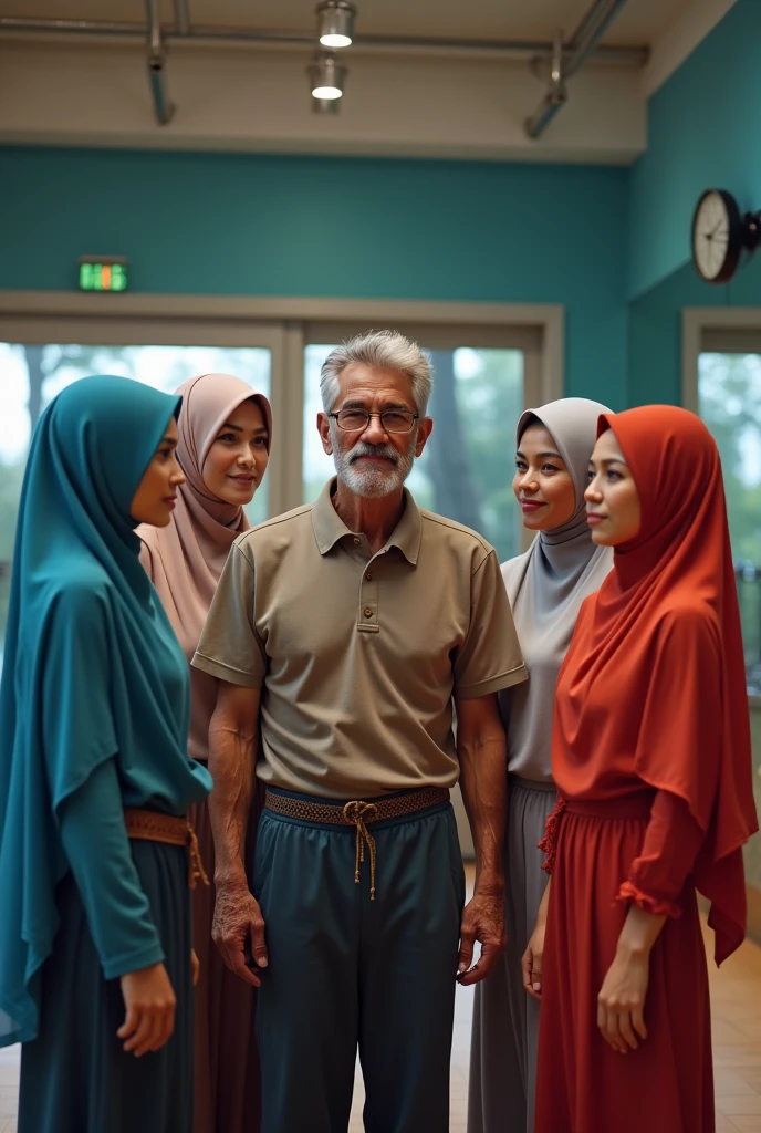 create me a picture of a 50-year-old Malacca man wearing track pants accompanied by four beautiful Malay women wearing Hijabista veils aged between 30 and 40 years old, the background of a gymnasium room