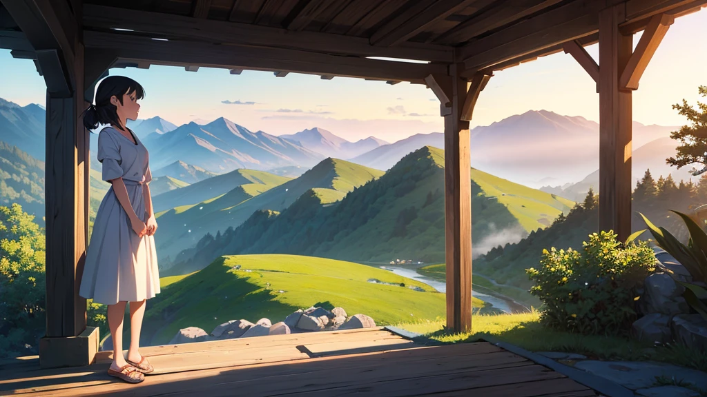 A girl standing on a mountain peak at dawn, gazing down at a vast, breathtaking landscape. The early morning light casts a soft glow over the valley below, with rolling hills and distant rivers. She takes a deep breath, feeling a profound sense of calm and clarity. The scene captures the serene moment when the world awakens, inspired by the tranquil, detailed style of Studio Ghibli.