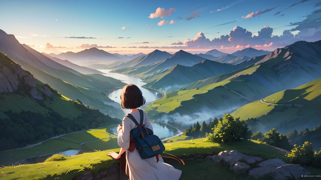 A girl standing on a mountain peak at dawn, gazing down at a vast, breathtaking landscape. The early morning light casts a soft glow over the valley below, with rolling hills and distant rivers. She takes a deep breath, feeling a profound sense of calm and clarity. The scene captures the serene moment when the world awakens, inspired by the tranquil, detailed style of Studio Ghibli.