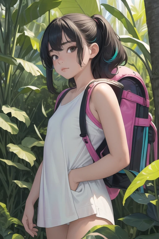 (Best quality, masterpiece), ((1 girl , Absolutely no clothes:1,8)), jungle, backpack, Sun, tired, standing, a high resolution,(colorful:1.4),I look at the viewer,swollen eyes,