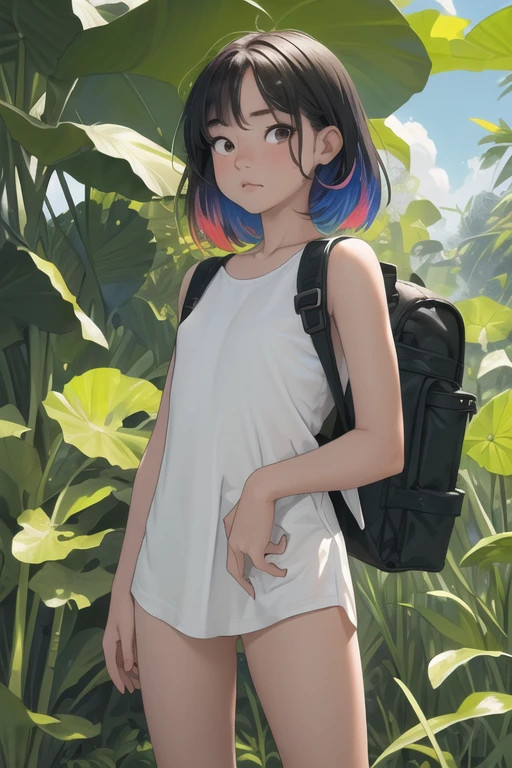 (Best quality, masterpiece), ((1 girl , Absolutely no clothes:1,8)), jungle, backpack, Sun, tired, standing, a high resolution,(colorful:1.4),I look at the viewer,swollen eyes,