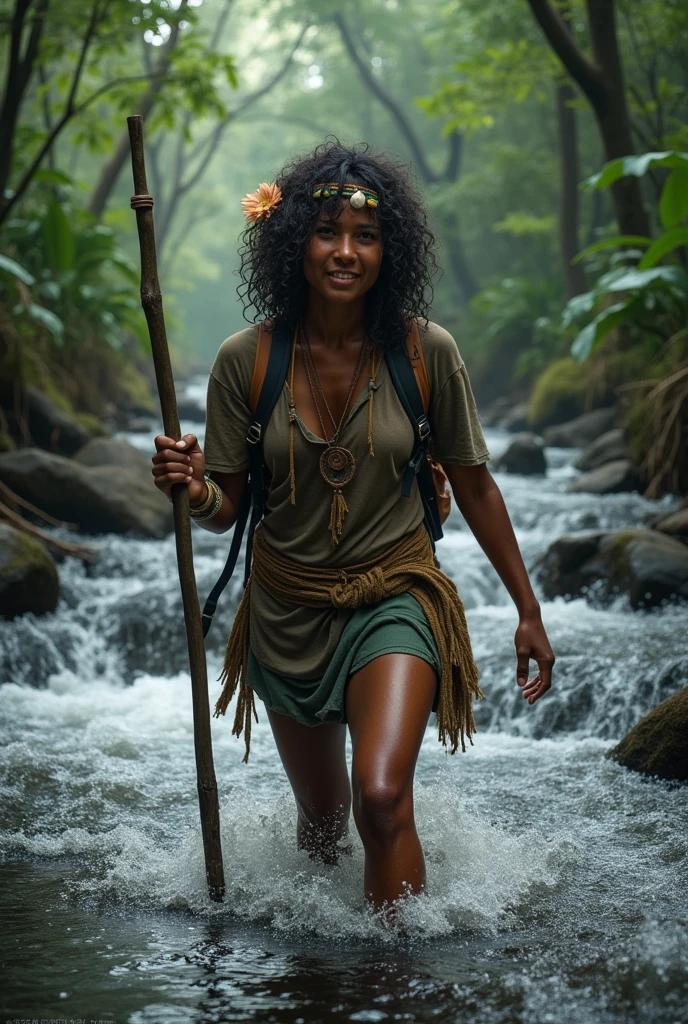 Photorealism 1.4 realistic realism high detailed definition  Malaysia native aboriginal orang asli old women curly messy hair  crossing river river stream dark skin weaver backpack smile faces jungle big river wearing loose shirt accessories on hair flower wearing sarong hold stick  river stream