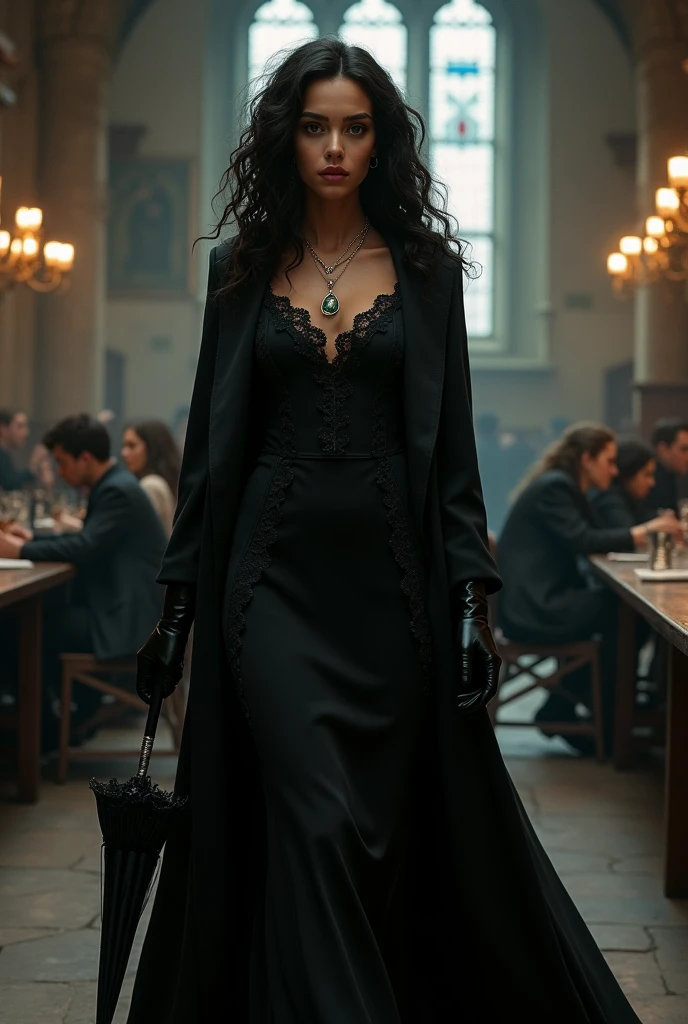 "A tall and impressive female character, who is the Defense Against the Dark Arts professor at Hogwarts. It measures 1,74 meters high, dresses entirely in black, holding a black lace parasol, is covered by a traveling cloak and has black leather gloves on her hands. wears a black dress, with high lace collar and long sleeves with lace tips. Her very black curly hair falls to her shoulders. Your skin is mixed race, light black, of a grayish brown, without any pink tone on the face. She has a delicate face with fine features, fine nose, tthin eyebrows, pronounced cheekbones, delicate mouth and pointed chin. Her face resembles that of model Audreyana Michelle. She has heterochromia in her eyes., the right eye is black and the left eye is green. She wears a locket with a small, delicate emerald with small, delicate silver details.. She walks through the hall with elegance, leaving everyone present fascinated by his mysterious and attractive presence. Students must be seated at tables in the Hogwarts Great Hall., Ao fundo.”