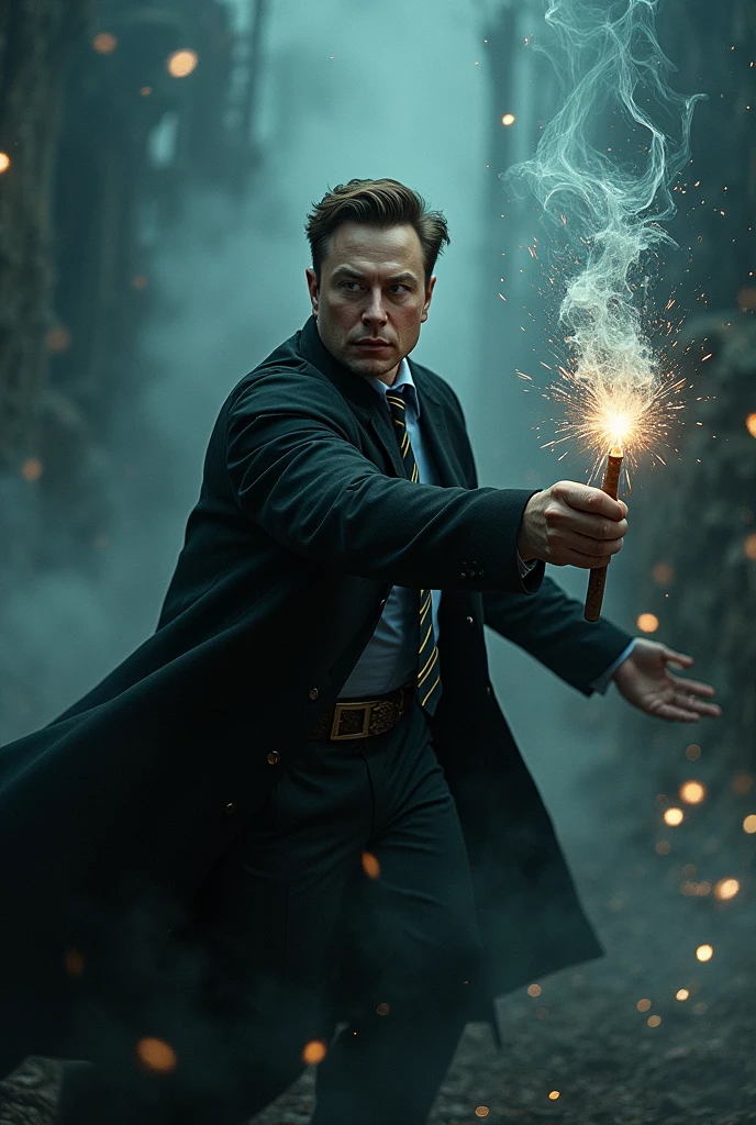 masterpiece, best quality, cinematic photo of Brighten image, photograph, film, highres Elon musk with harry potter body unleashing deadly magic