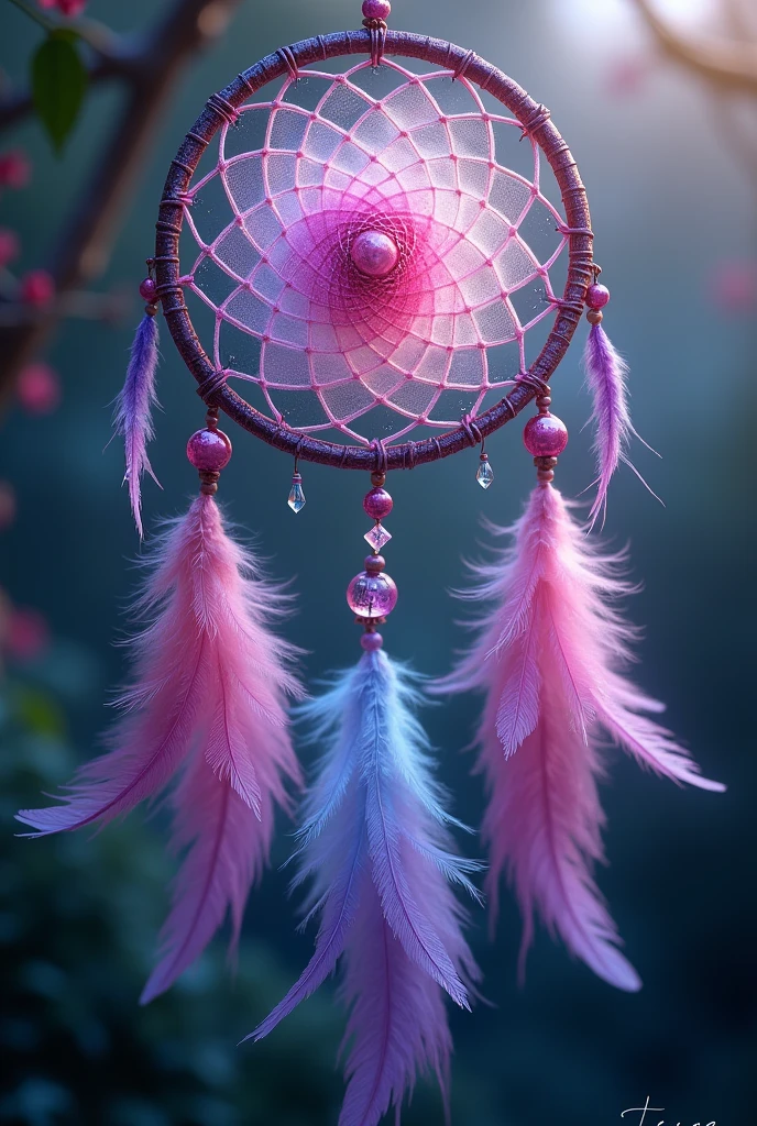 Dreamcatcher with crystals 
Feathers 
Magenta, pink, purple, blue
