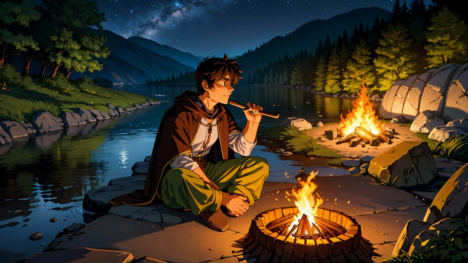 A serene riverside setting at night, where a male adventurer is camping by a warm, glowing campfire. The adventurer is a rugged man with short brown hair, wearing leather armor and a dark green cloak. He sits on a log near the fire, his face illuminated by the flickering flames, with a thoughtful expression. Around him, there are some simple camping gear, like a small tent, a backpack, and a cooking pot hanging over the fire. The river flows gently beside him, reflecting the light of the starry sky and a crescent moon. The atmosphere is peaceful, with the sounds of nature and the crackling of the fire creating a sense of solitude and adventure.