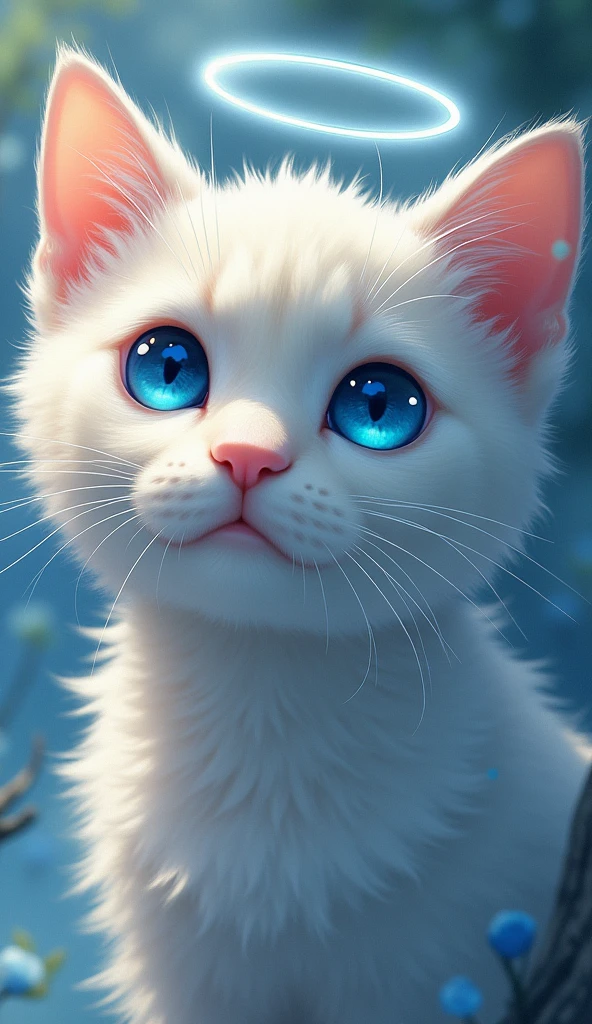 Cat face close up,blue eyes, Angel Halo, High resolution, Illustration of movement, Background blur, Reality, Soft Light, Character Design, Anime Style, 