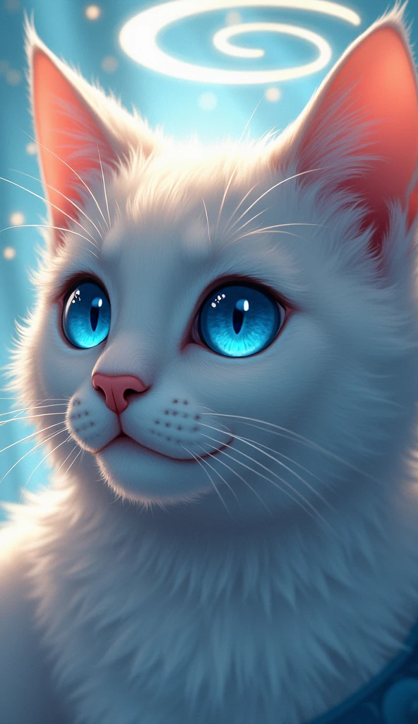 Cat face close up,blue eyes, Angel Halo, High resolution, Illustration of movement, Background blur, Reality, Soft Light, Character Design, Anime Style, 