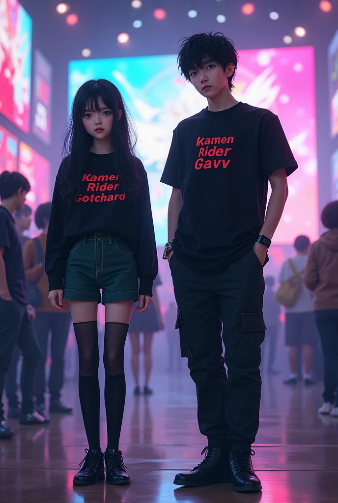 1 Japanese woman,Age 16,long black hair,Black long-sleeved shirt with the words Kamen Rider Gotchard written on it. ,Dark green shorts,Black leather shoes,Long stockings,1 Japanese man,Age 23,I am black and blue.,Black short-sleeved shirt with the words Kamen Rider Gavv written on it.,black pants,Black leather shoes,black socks,behind,Launch event
