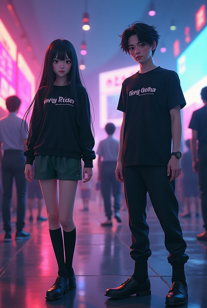 1 Japanese woman,Age 16,long black hair,Black long-sleeved shirt with the words Kamen Rider Gotchard written on it. ,Dark green shorts,Black leather shoes,Long stockings,1 Japanese man,Age 23,I am black and blue.,Black short-sleeved shirt with the words Kamen Rider Gavv written on it.,black pants,Black leather shoes,black socks,behind,Launch event