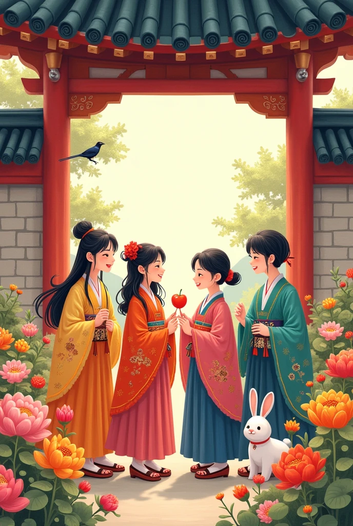 A illustration whimsical scene of four friends celebrating Chuseok (Korean Thanksgiving) in traditional hanbok. They are surrounded by colorful flowers, a rabbit, and a magpie. A traditional Korean gate frames the scene.