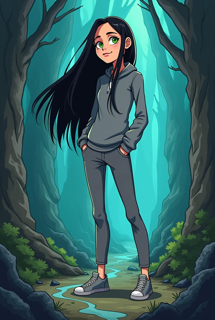 Make me a female character with gravity falls cartoon style with black hair, pale skin and green eyes, with grey clothes