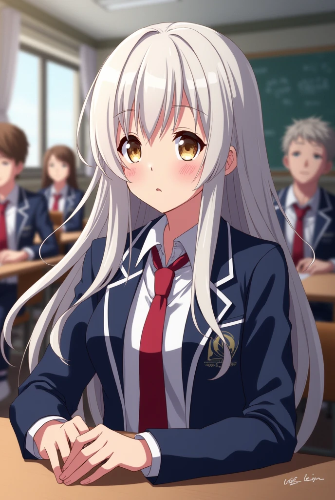 My Hero Academia Capture.
Girl with long white hair and golden eyes, wearing the UA uniform sitting at a table, in the background a class