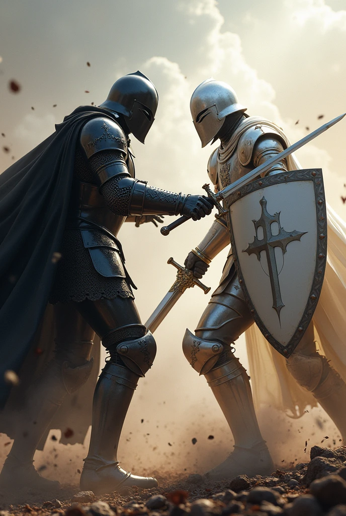 A knight fighting with a black knight with a white sheld