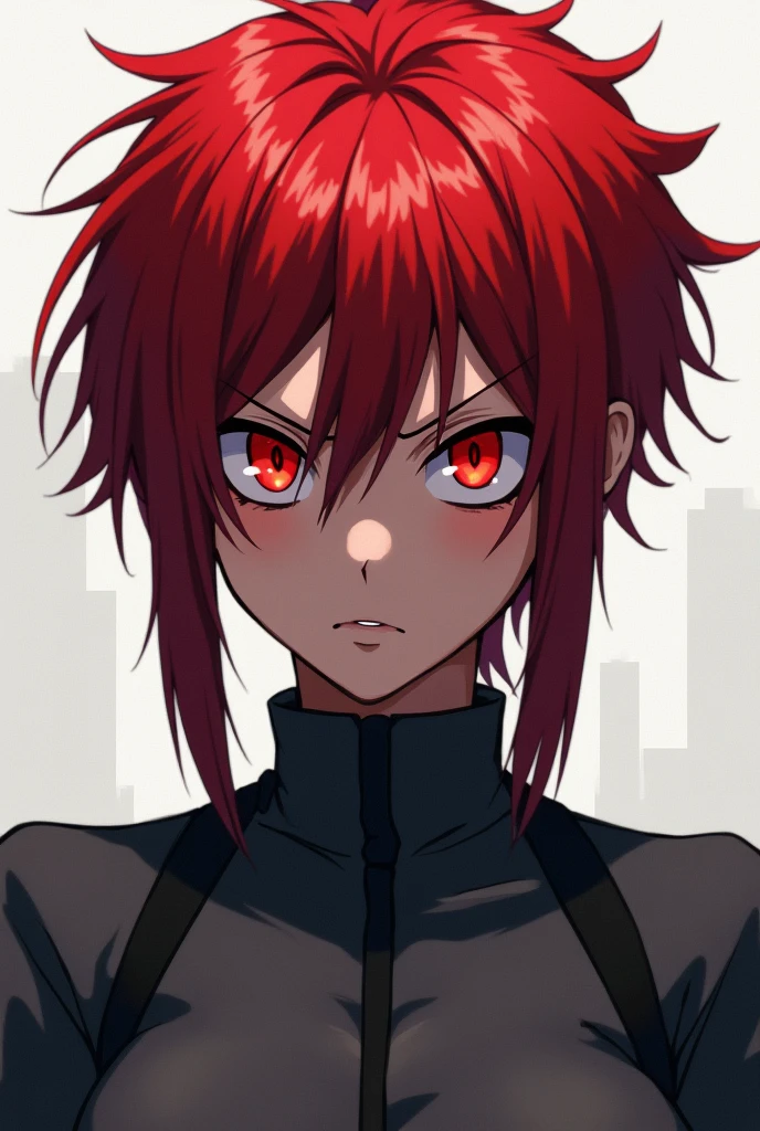 an anime girl, redhead with a spiky forehead and bright red eyes,with a serious look,with cold clothes