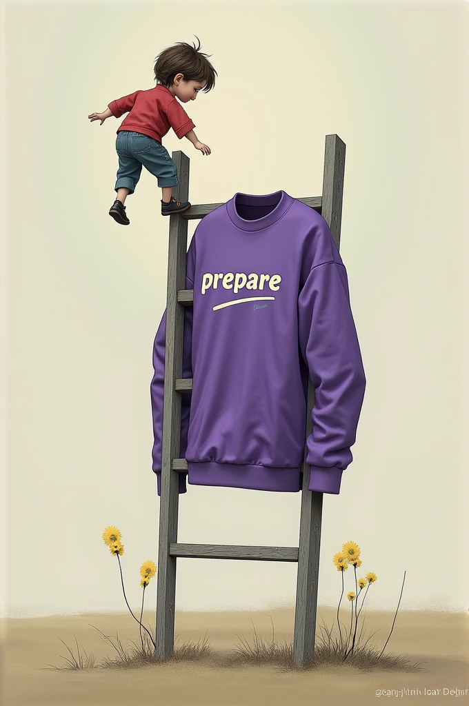 A purple shirt with the word Prepare written on it and a ladder and the doll climbing the ladder looking at the top