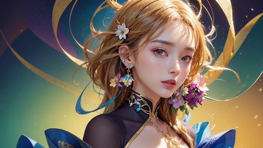 32K, 最高quality, 最高masterpiece, (ultra-Detailed Background, Detailed Background), High resolution, Super detailed, Very detailedな, 1 personの, (bouquet:1.3), (Tangled:1.2), (Geometric:1.2),(colorful),(masterpiece, quality, best quality, Official Art, Beautiful and beautiful:1.2), (1 person:1.3), Very detailed,(colorful:1.1)(Flowers:1.3),Most detailed,(Tangled:1.2), whole body, (Abstract background:1.3), (Skin glows), (Many colors:1.4), ,(Earrings Jewelry:1.5), Gradient Background, Beautiful and sparkling background, It's imaginative., Flaxen Hair,