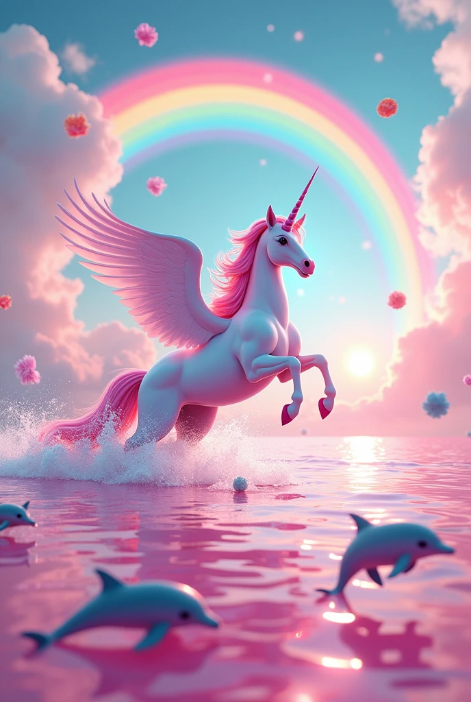 A unicorn flying in the pink sea with two dolphins flying next to it and the sky with a rainbow and lots of colored candies