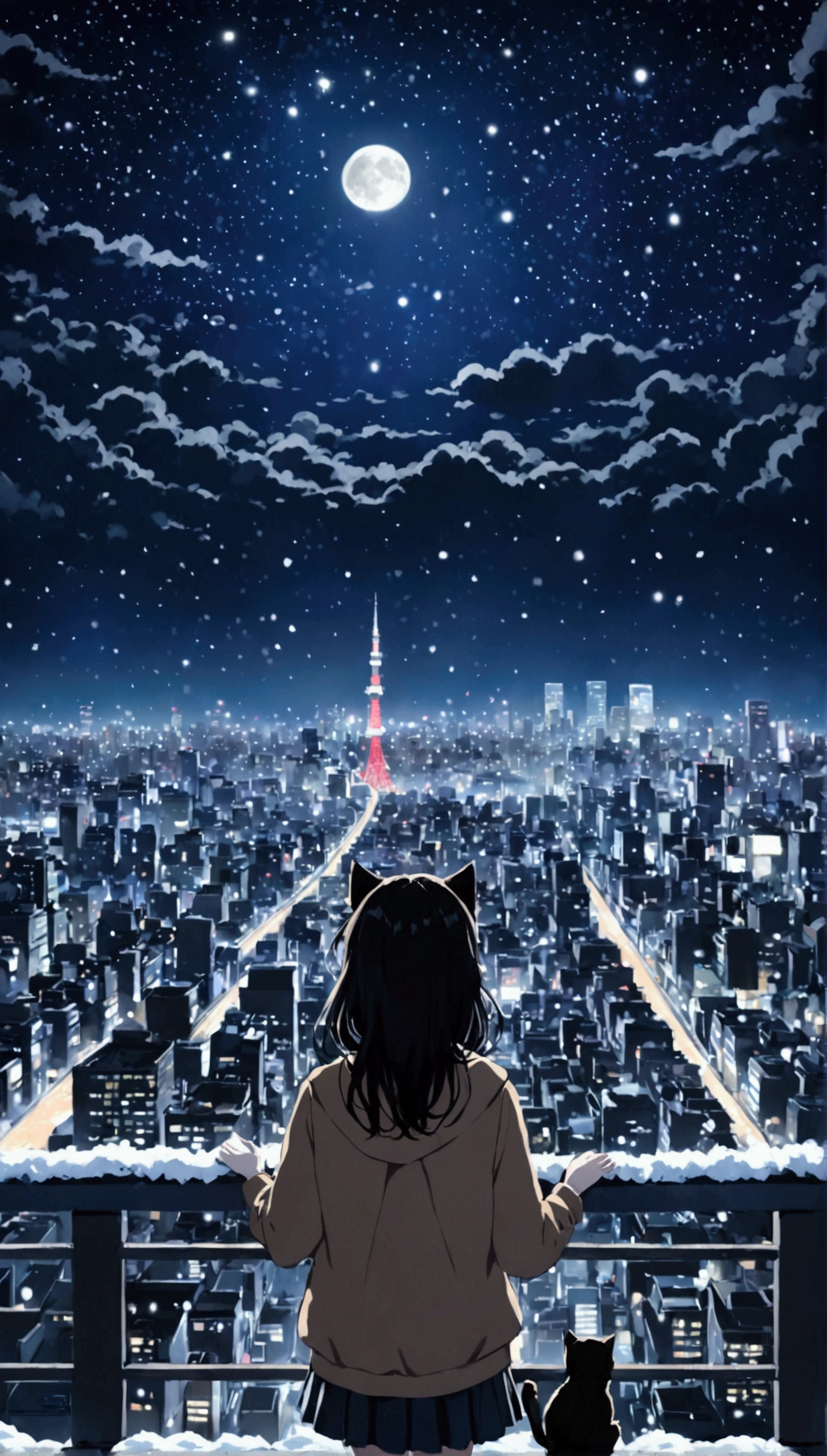 On a pedestrian bridge, a cute girl with black hair and wearing a school uniform is holding up her hand and looking at the night sky over the city of Tokyo and the star-filled sky. Next to her, a cat looks up at the girl. Outside it is snowing. Real animation style. High quality.