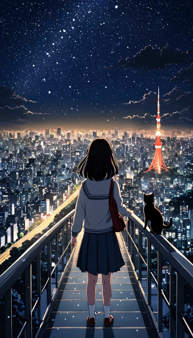 On a pedestrian bridge, a cute girl with black hair and wearing a school uniform is holding up her hand and looking at the night sky over the city of Tokyo and the star-filled sky. Next to her, a cat looks up at the girl. Outside it is snowing. Real animation style. High quality.