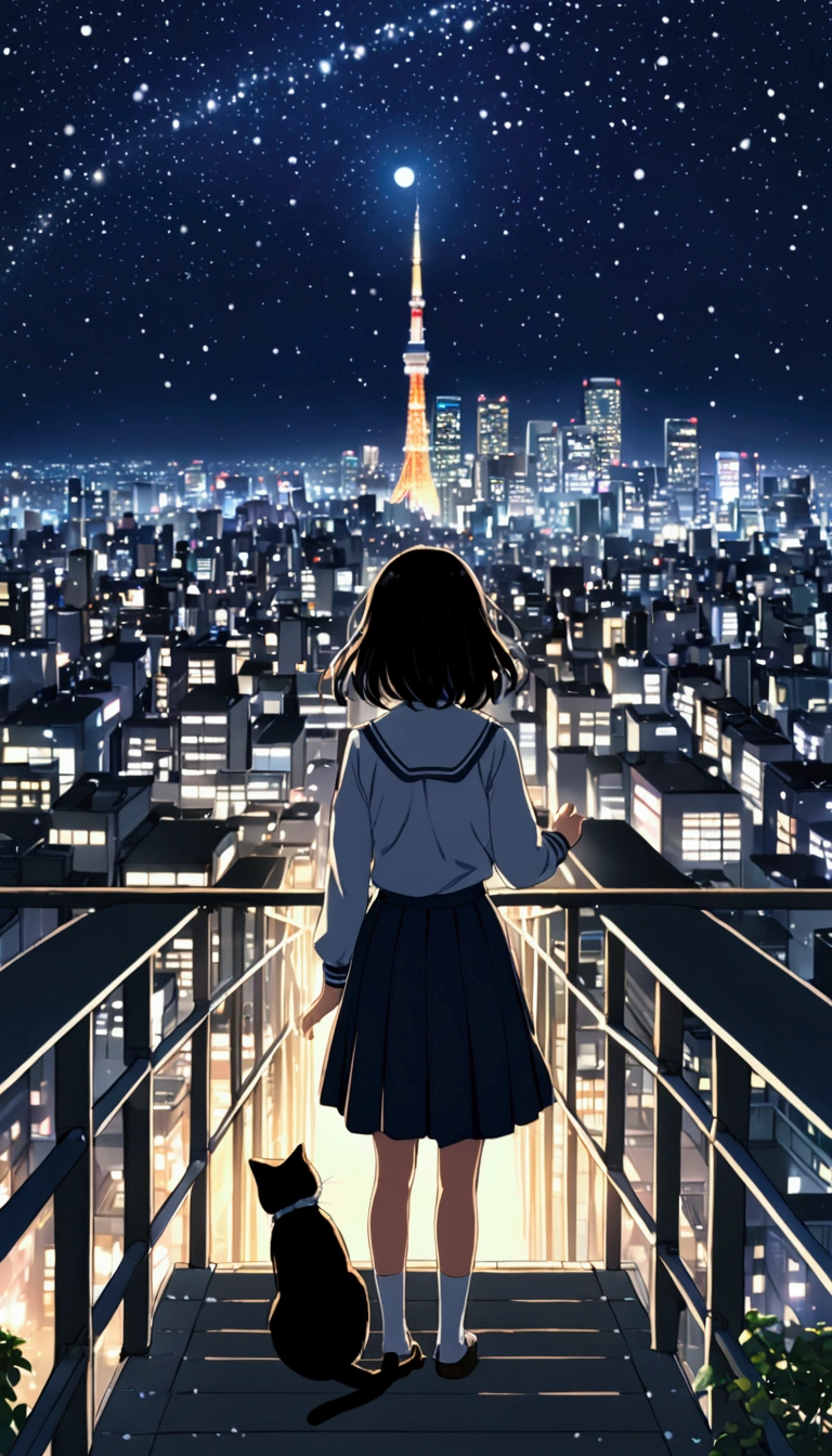 On a pedestrian bridge, a cute girl with black hair and wearing a school uniform is holding up her hand and looking at the night sky over the city of Tokyo and the star-filled sky. Next to her, a cat looks up at the girl. Outside it is snowing. Real animation style. High quality.
