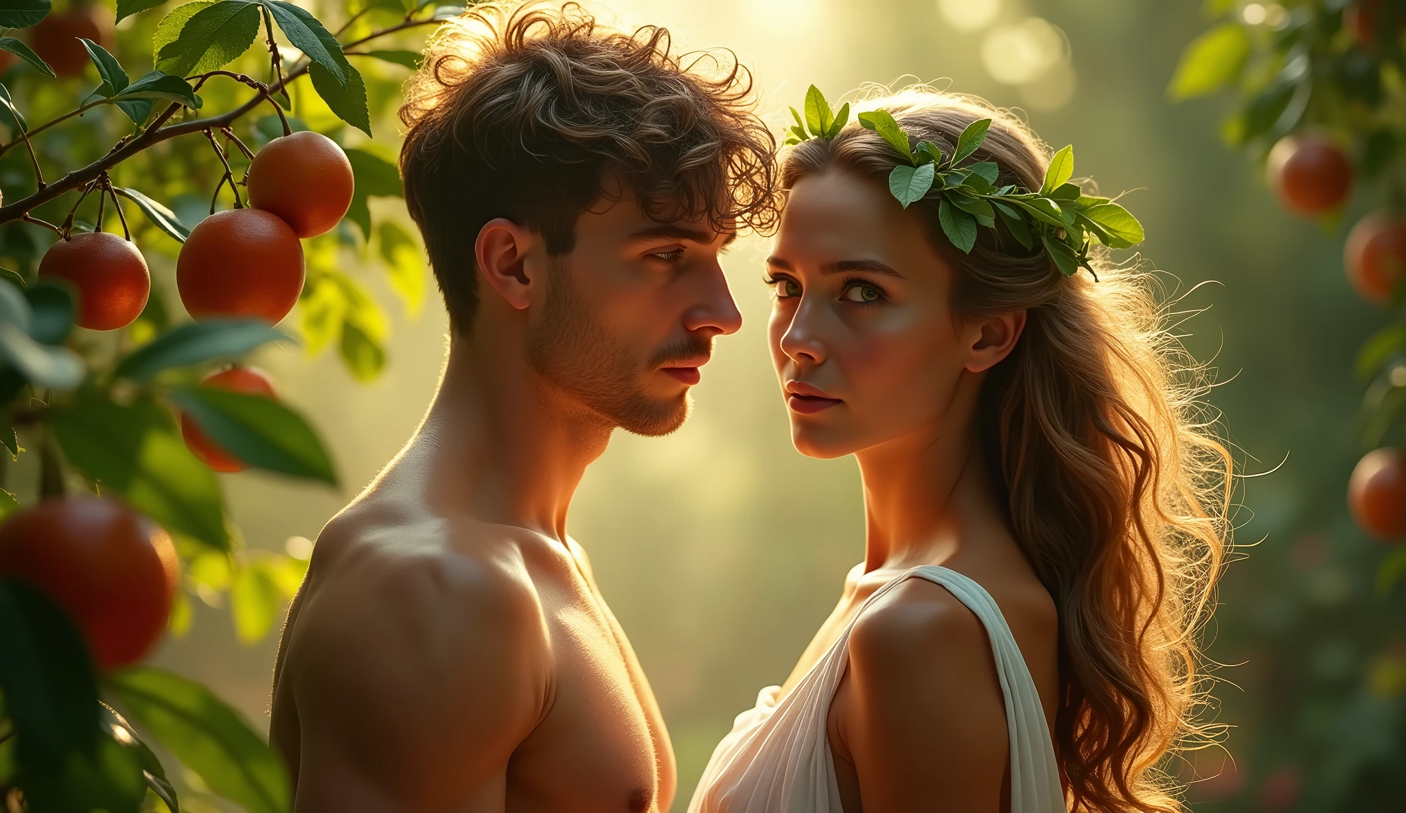 Descreva uma imagem de Adam and Eve's picking fruits from the trees in the enchanting garden of Eden with Adam. Adam is in his 20s, short curl light brown 7" hair, green eyes. Eve is in her mid 20s, emerald color eyes, extremey beautiful, long light brown hair, dressed in leaves. emanating a divine aura and looking directly into the camera with a penetrating and compassionate gaze. The scene around him radiates a sense of serenity and transcendence, com cores suaves e uma atmosfera celestial. Highlight the details of the expression on your face, the sparkle in your eyes and the sense of peace and grace that your presence radiates in this sacred moment, 32K UHD, Style Raw, Afternoon sun, warm tone, cinematic