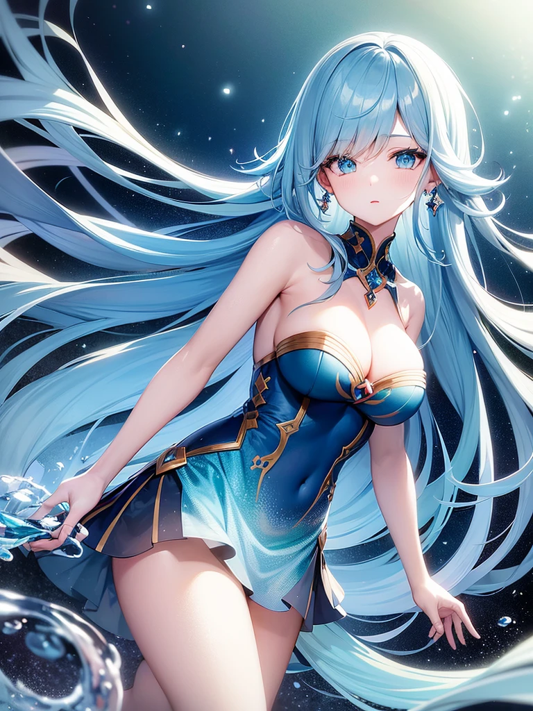 Create an ethereal anime character with flowing aqua hair and striking blue eyes, adorned in a shimmering, water-themed outfit. Surround her with swirling water effects and sparkling gems, set against a cosmic backdrop that glows with deep blues and purples, capturing a magical and mystical atmosphere.