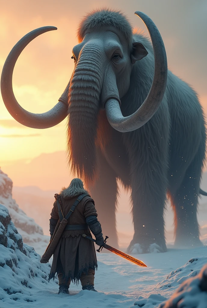 Here's a highly detailed prompt for creating a realistic "Man vs. Colossal Mammoth" scene using SeaArt AI:

**Prompt:**

"A lone warrior stands defiantly in the snow-covered tundra, facing a colossal mammoth towering over him. The mammoth's fur is matted and encrusted with ice, each strand visible in intricate detail, as its massive tusks curve ominously toward the sky. The warrior is clad in worn, weathered armor, his breath visible in the freezing air, with snowflakes gently falling around him. The setting sun casts a warm, orange glow across the landscape, highlighting the mammoth's sheer size and the rugged terrain. The warrior’s sword, glowing faintly with an ancient power, reflects the light, creating a stark contrast between the man's small but determined figure and the mammoth's overwhelming presence. Photorealistic detail, with cinematic lighting and dynamic shadows, capturing the tension and scale of this epic confrontation."

### Tips to Enhance Realism:
- **Focus on the lighting**: Ensure that the setting sun casts long shadows and creates a natural contrast between the warm tones of the light and the cold, blue shadows.
- **Texture detail**: The fur of the mammoth and the armor of the warrior should be textured with visible wear, conveying the harsh environment and the history of battle.
- **Atmospheric effects**: Incorporate elements like the warrior's breath, drifting snowflakes, and slight mist to add depth and realism to the scene. photorealistic, hyper-detailed, cinematic lighting, high-resolution textures, natural shadows, intricate details, realistic proportions, soft light, atmospheric depth, dynamic contrast, lifelike, ultra-realism, high-fidelity, sharp focus, texture mapping" 

This prompt aims to generate a dynamic, highly detailed, and realistic scene that could challenge even Midjourney’s capabilities.