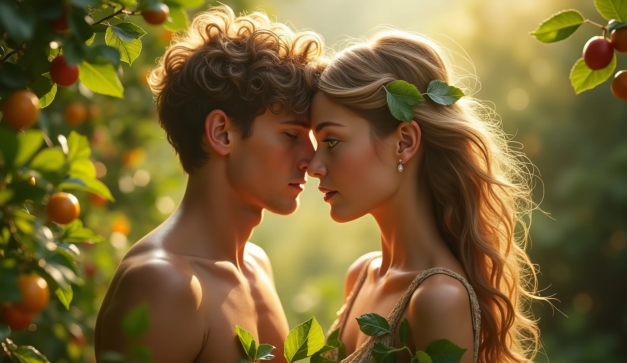 Descreva uma imagem de Adam and Eve's picking fruits from the trees in the enchanting garden of Eden with Adam. Adam is in his 20s, short curl light brown 7" hair, green eyes. Eve is in her mid 20s, emerald color eyes, extremey beautiful, long light brown hair, dressed in leaves. emanating a divine aura and looking directly into the camera with a penetrating and compassionate gaze. The scene around him radiates a sense of serenity and transcendence, com cores suaves e uma atmosfera celestial. Highlight the details of the expression on your face, the sparkle in your eyes and the sense of peace and grace that your presence radiates in this sacred moment, 32K UHD, Style Raw, Afternoon sun, warm tone, cinematic