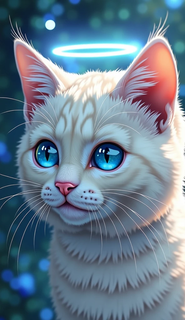 Cat face close up,blue eyes, Angel Halo, High resolution, Illustration of movement, Background blur, Reality, Soft Light, Character Design, Anime Style,