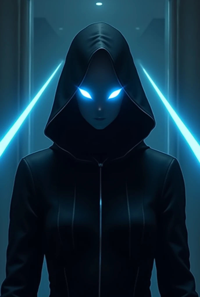 A mysterious figure in a sleek, all-black outfit, with a hood concealing a smooth, faceless surface. Instead of eyes, powerful blue lasers shoot out, creating a striking, futuristic glow. The dark attire contrasts sharply with the electric blue light, giving it a dramatic anime effect.