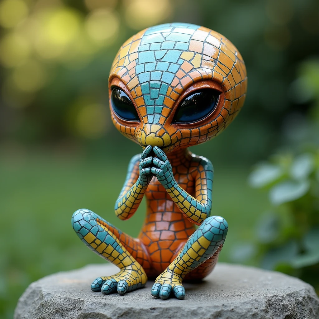 (Cute ceramic mosaic surface Alien), Sitting on a stone, Holding chin with both hands, Diffuse lighting, fantasy, complex, elegant, Colorful grid suit, Very detailed, Garden Background，(Best quality，4K，8k，high resolution，masterpiece：1.2）