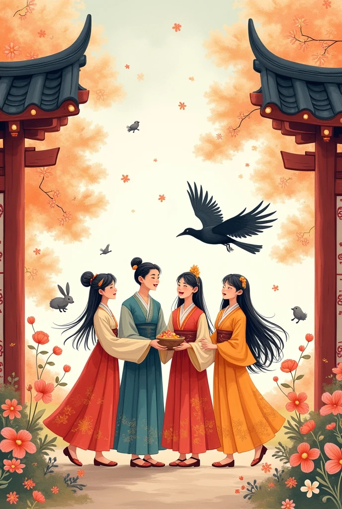 A watercolor illustration whimsical scene of four friends celebrating Chuseok (Korean Thanksgiving) in traditional hanbok. They are surrounded by colorful flowers, a rabbit, and a magpie. A traditional Korean gate frames the scene.
