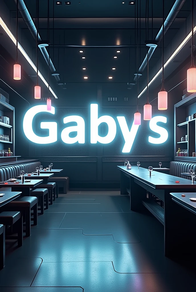 Painted exactly the word Gaby's in a totally futuristic restaurant