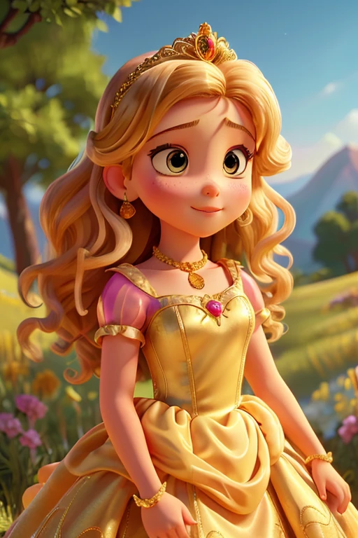 a young princess, golden curls, Wearing a beautiful dress,tiara ,serene expression, on top of a hill - beautiful with vibrant colors, detailed lultra, High resolution, HdR, masterpiece:1.2, realist, vibrant colors, Disney-Pixar style,