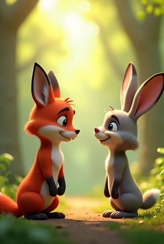 In 3D animation style The fox apologizing to the rabbit with a contrite expression.