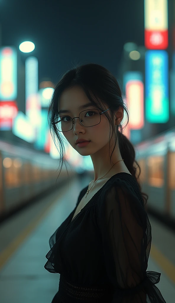 Beauty with 1 girl&#39;s specs (Best quality RAW images), (Realistic, realistic images:1.4), Masterpiece, Very delicate and beautiful, 2k Wallpapers, Amazing, Detailed Details, วอลเปเปอร์ CG unity 8k, Ultra-fine wallpaper, Hi-res, soft light, Beautiful and delicate girl, The eyes and face are very detailed., Wear glasses, Megan, Beautiful, fine nose, Beautiful details, eyes, cinematic lighting, perfect anatomy, sexy, dynamic pose, slim figure, smiling city lights at night, at a Tokyo train station. (bokeh:1.3) สวมเสื้อและกระโปรง ปิดไหล่ ตั้งศูนย์กลาง สมมาตร ทาสี ซับซ้อน แสงเชิงปริมาตร สวยงาม สีสันลึกที่อุดมไปด้วย โฟกัสที่คมชัด รายละเอียดเป็นพิเศษ ในสไตล์ของแดนมัมฟอร์ดและมาร์ก ซิโมเนตตี้ การถ่ายภาพดาราศาสตร์ ผลกระจกแตก ไม่มีพื้นหลัง สวยงาม บางสิ่งที่ไม่มีอยู่จริง ความเป็นตํานาน พลังงาน โมเลกุล พื้นผิว เครื่องชั่งแสงและส่องสว่าง ความงามที่Amazing ความสมบูรณ์แบบที่บริสุทธิ์ การปรากฏตัวของพระเจ้าที่น่าจดจํา น่าประทับใจ ความงามที่Amazing แสงเชิงปริมาตร ออร่า รังสี สีสันสดใสสะท้อนให้เห็น