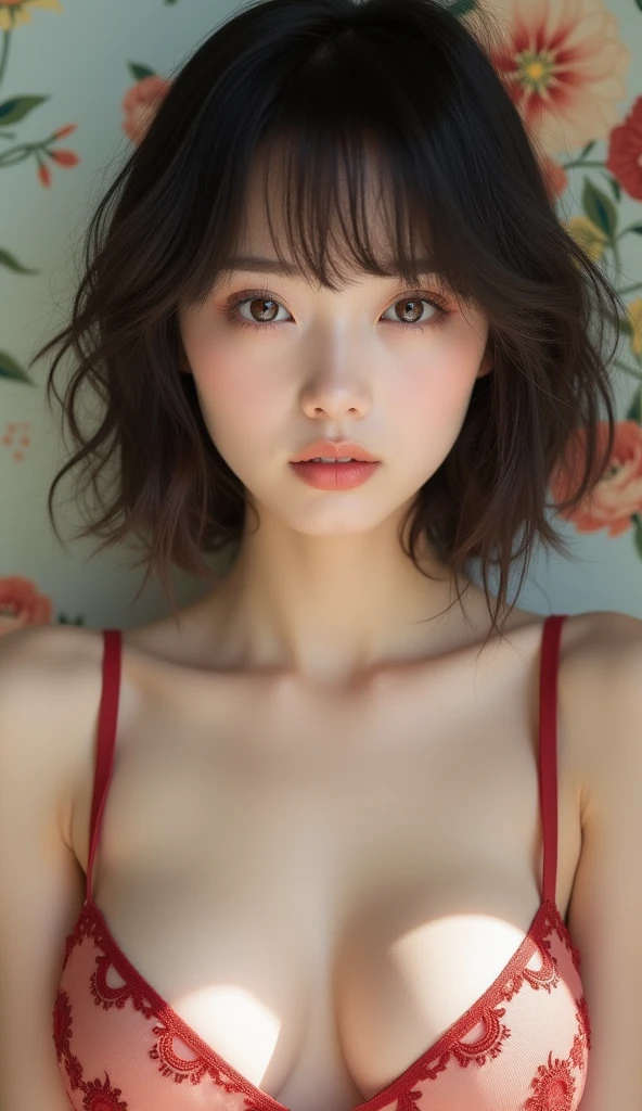 (masterpiece:1.3), (8k, Photorealistic, RAW Photos, Best image quality: 1.4), Japanese, (One Girl), Beautiful Face, (A vivid face), (Black-haired, short hair:1.3), Beautiful hairstyle, Realistic eyes, Beautiful Eyes, (Realistic Skin), Beautiful Skin, Charm, Ultra-high resolution, Surreal, High definition, Golden Ratio, Detail Makeup,Seeing the viewer,Mid-breasted,Pink Lingerie、Pink Bra、Pink Panties、Seamless Lingerie、Cabin attendant、nurse