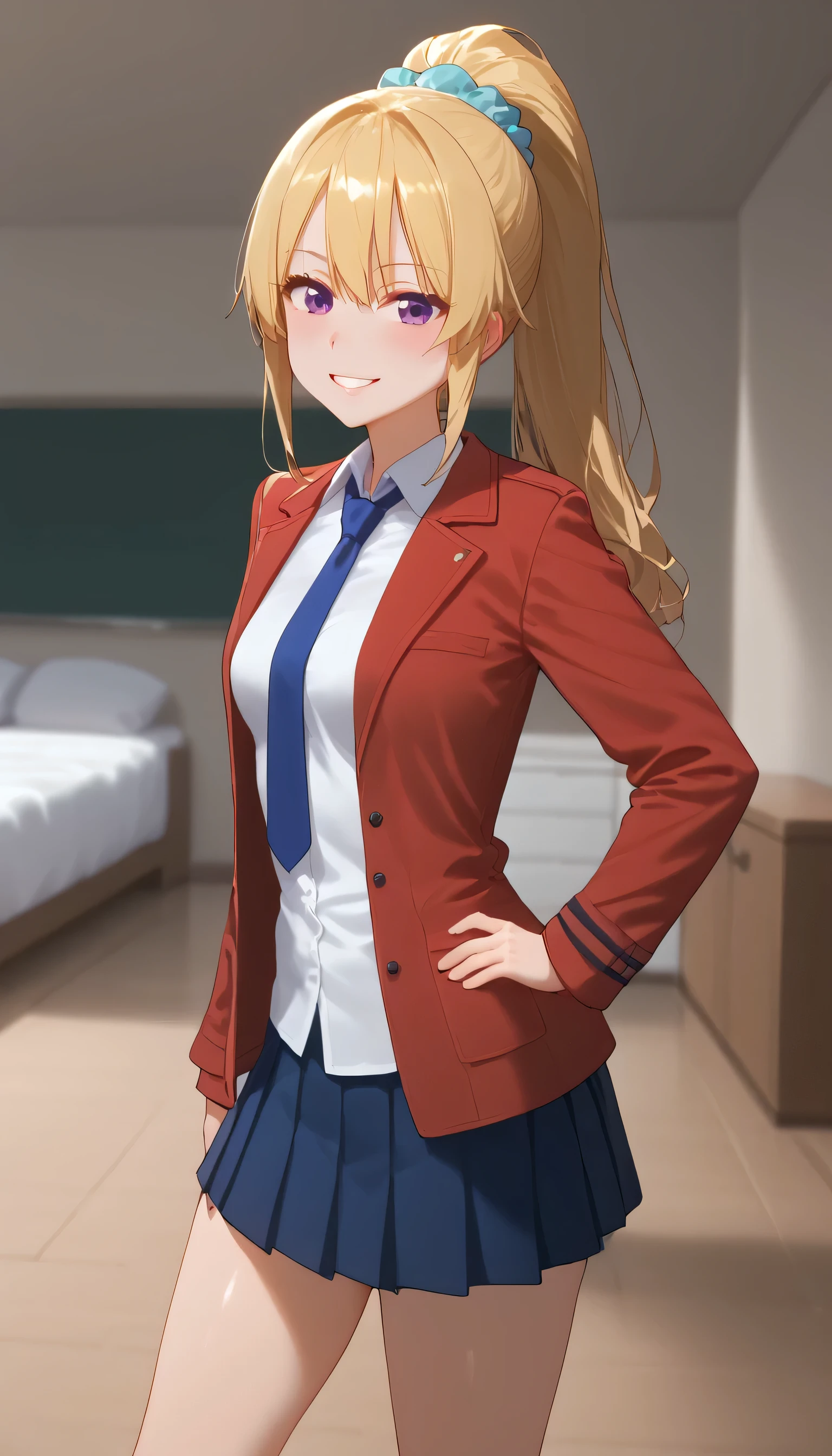 shiny skin, 1girl, KeiKaruizawa, Kei Karuizawa, ponytail hairstyle, parted lips, blue skirt, bangs, hair tie, violet eyes, blush, breasts, red coat, white shirt, small breasts, solo, looking at viewer, blonde hair, blonde hair, red coat, blue tie, blue scrunchie, white shirt, school outfit, school costume, closed mouth, long sleeves, ponytail hairstyle, collarbone, smile, large smile, full shot, full body 